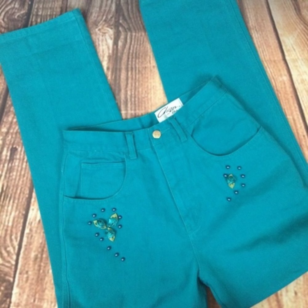 Vtg High Waist Straight Leg Blue/Green Jeans 26W